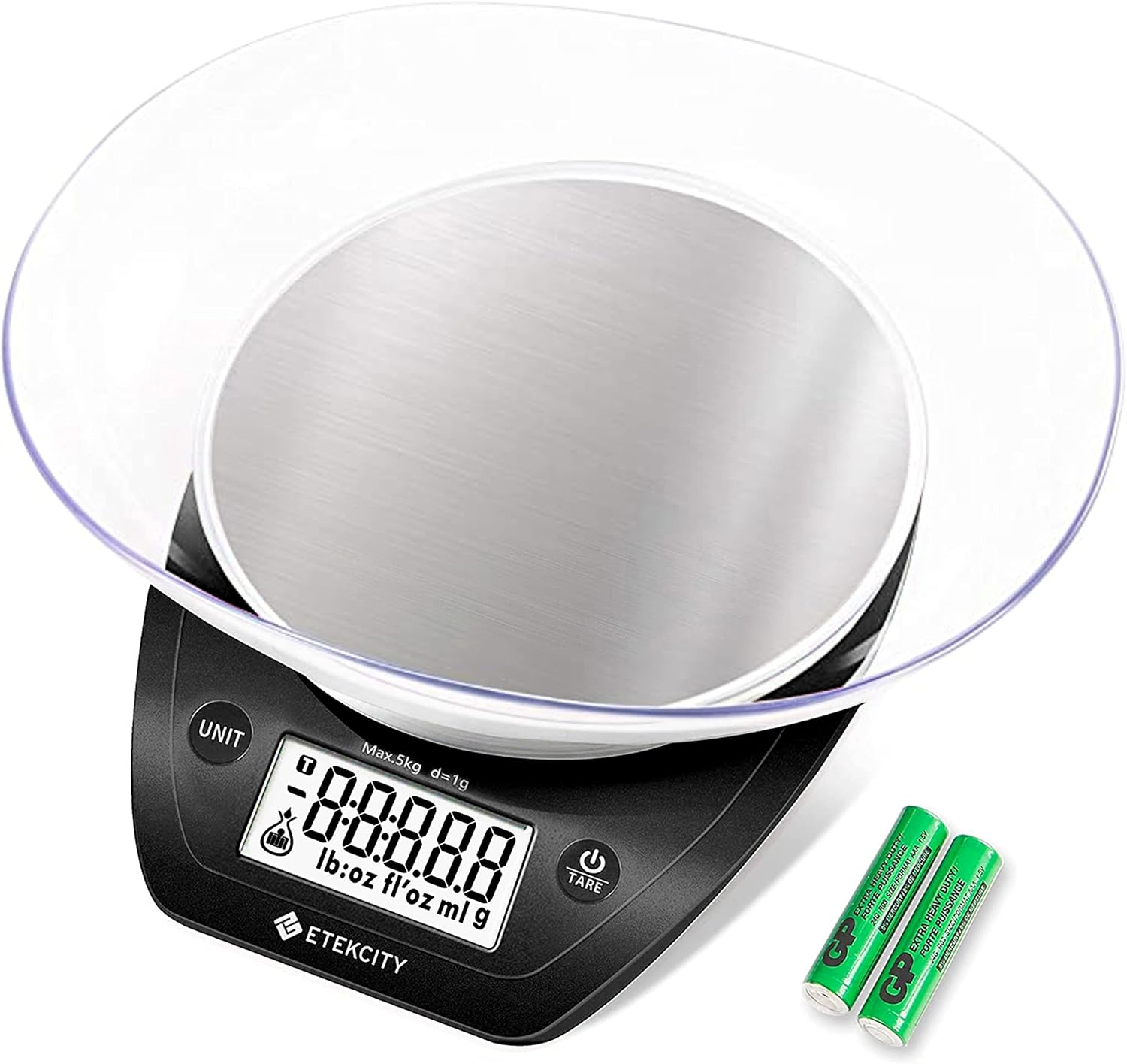 Báscula de Cocina Digital Etekcity 0.1g con Bowl – Acero Inoxidable, 11lb/5kg – Gramos y Onzas para Repostería, Cocina, Dieta y Preparación de Comidas